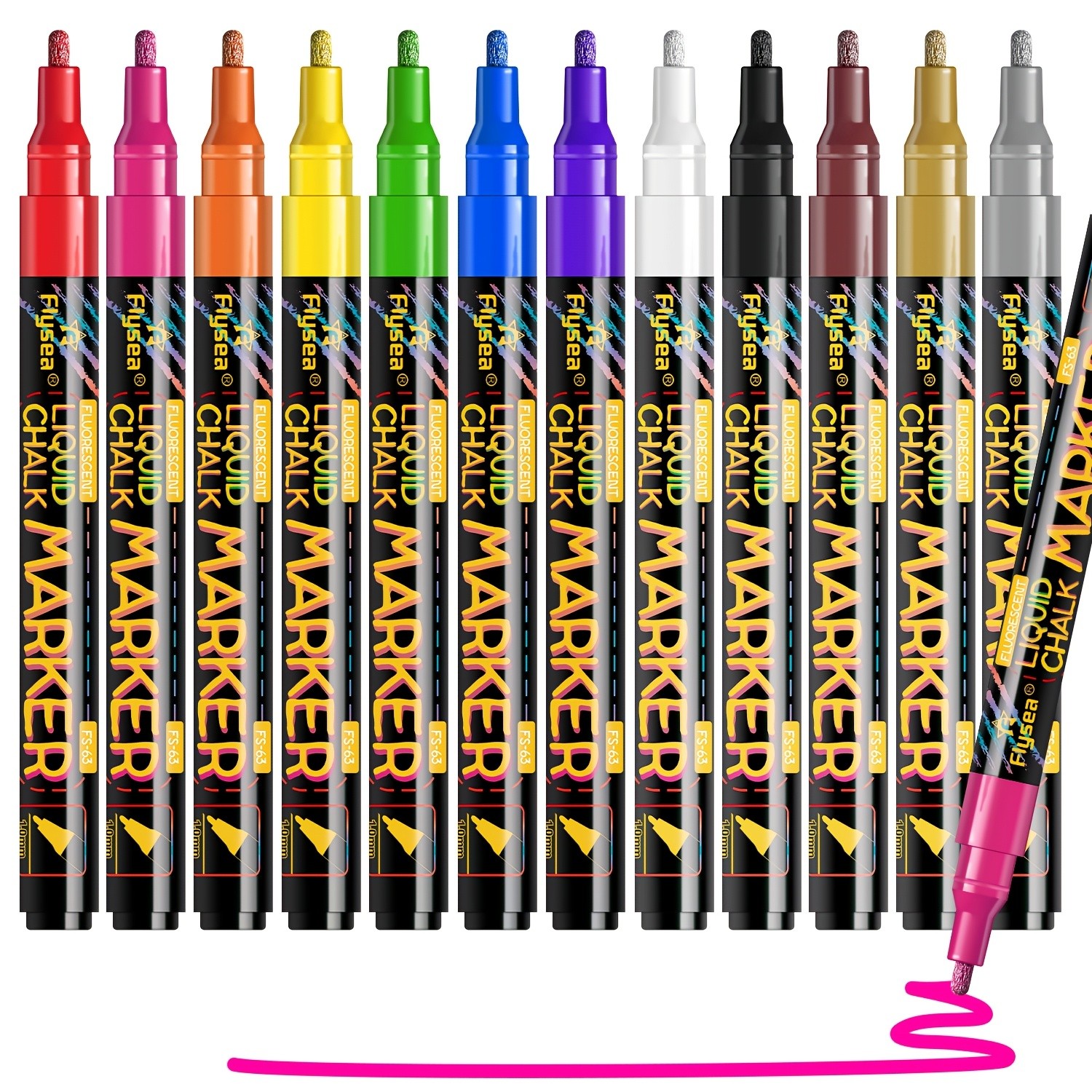 FLYSEA 12pcs Neon Chalk Markers 0.1cm Extra-Fine Tip, Water-Based, Washable & Non-Toxic Liquid Chalk Pens