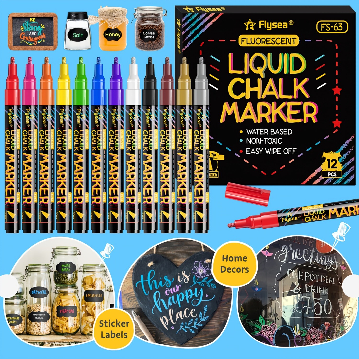 FLYSEA 12pcs Neon Chalk Markers 0.1cm Extra-Fine Tip, Water-Based, Washable & Non-Toxic Liquid Chalk Pens
