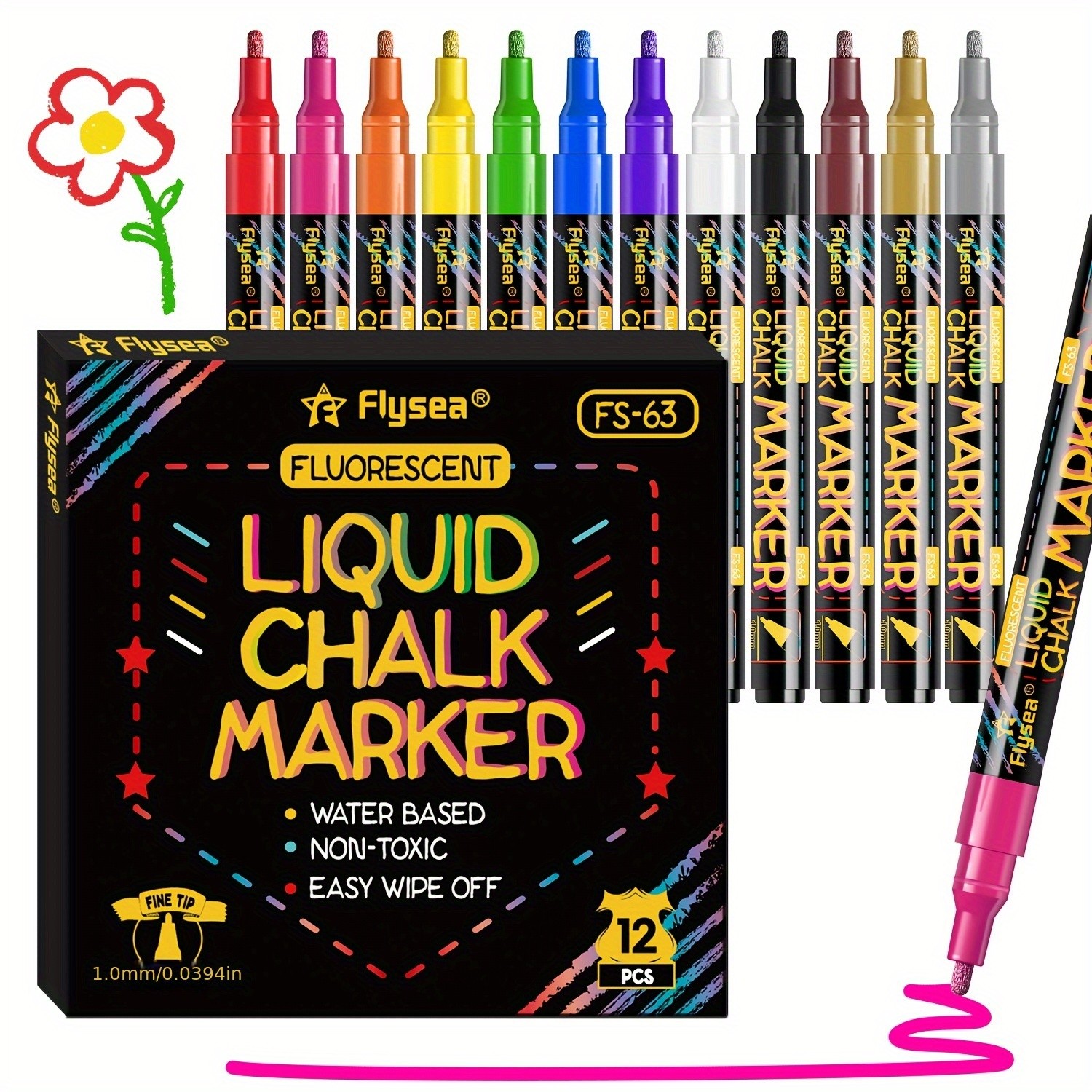 FLYSEA 12pcs Neon Chalk Markers 0.1cm Extra-Fine Tip, Water-Based, Washable & Non-Toxic Liquid Chalk Pens