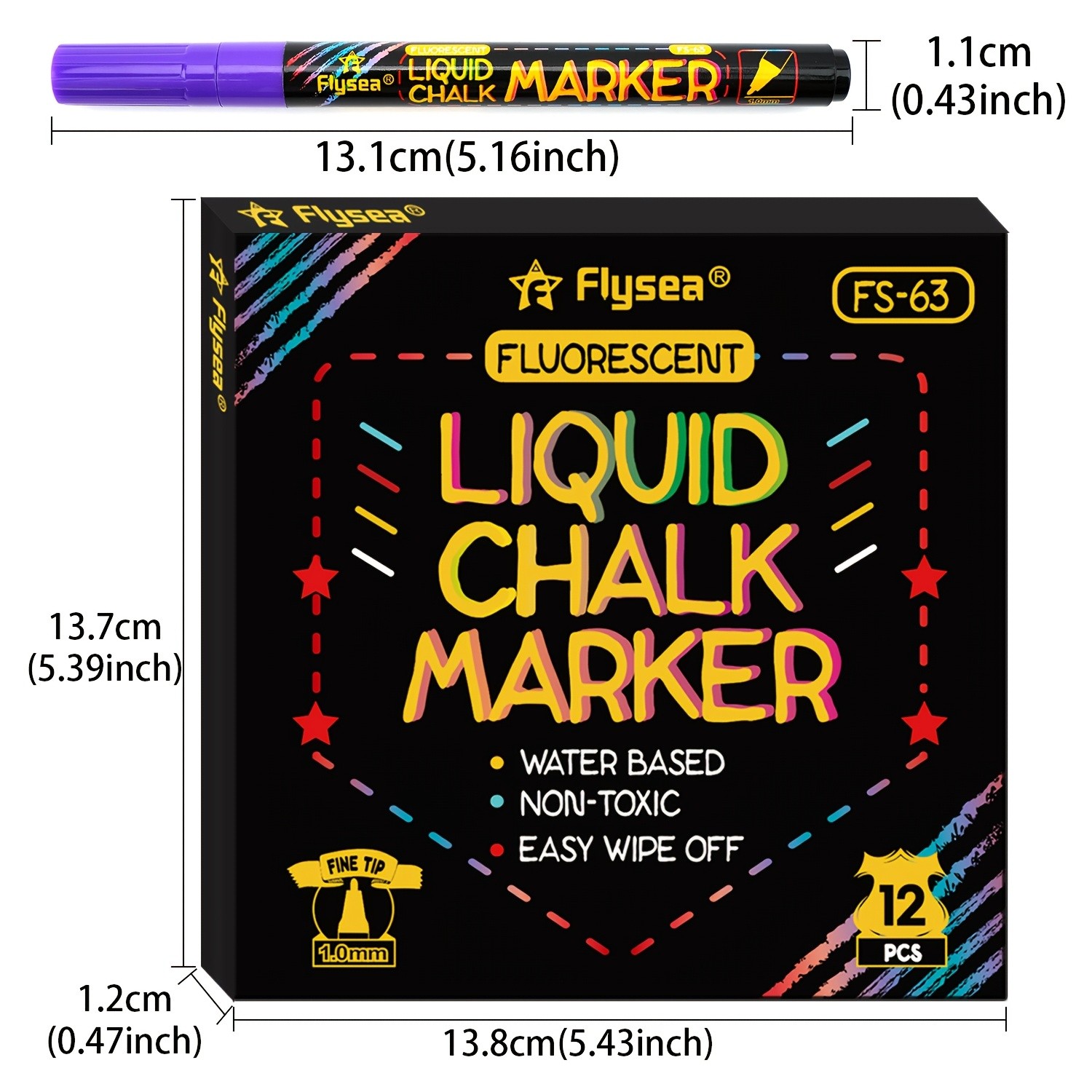 FLYSEA 12pcs Neon Chalk Markers 0.1cm Extra-Fine Tip, Water-Based, Washable & Non-Toxic Liquid Chalk Pens