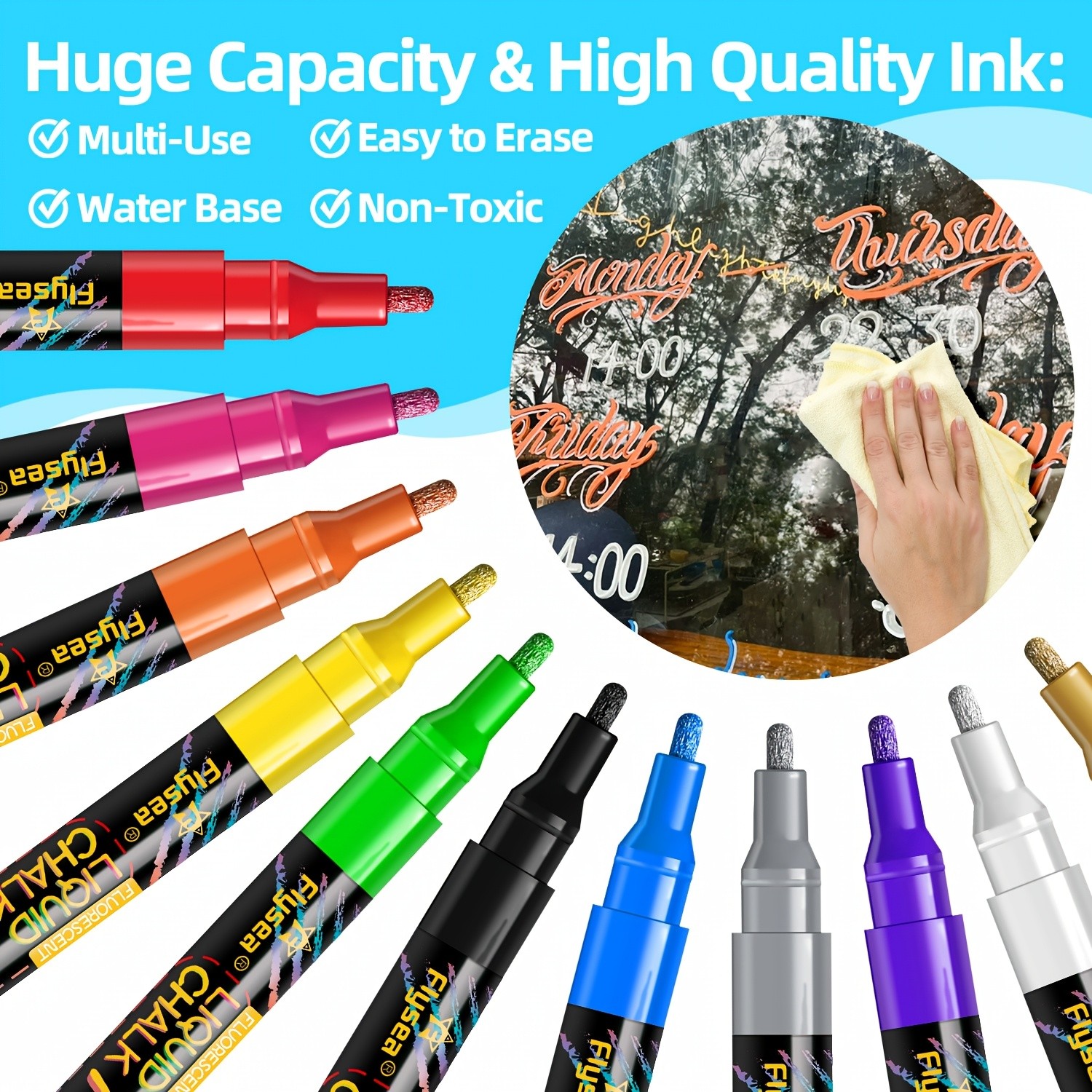 FLYSEA 12pcs Neon Chalk Markers 0.1cm Extra-Fine Tip, Water-Based, Washable & Non-Toxic Liquid Chalk Pens