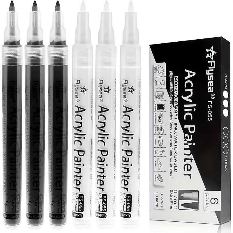 FLYSEA 6pcs Waterproof Water-Based Acrylic Paint Markers Heavy-Duty Vibrant Paint Pens for Rock, Ceramic, Glass, Wood & Plastic