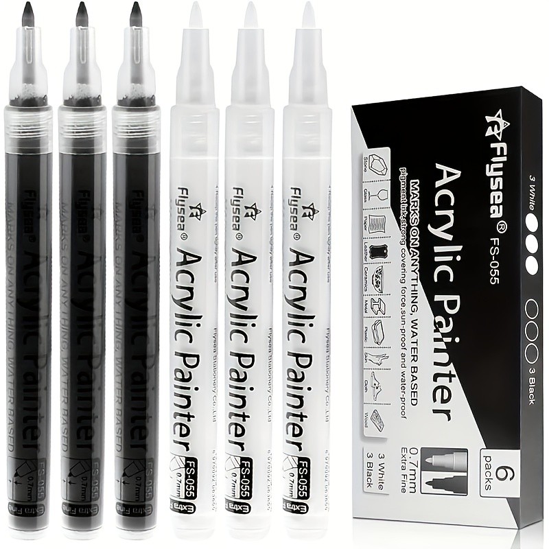 FLYSEA 6pcs Waterproof Water-Based Acrylic Paint Markers Heavy-Duty Vibrant Paint Pens for Rock, Ceramic, Glass, Wood & Plastic