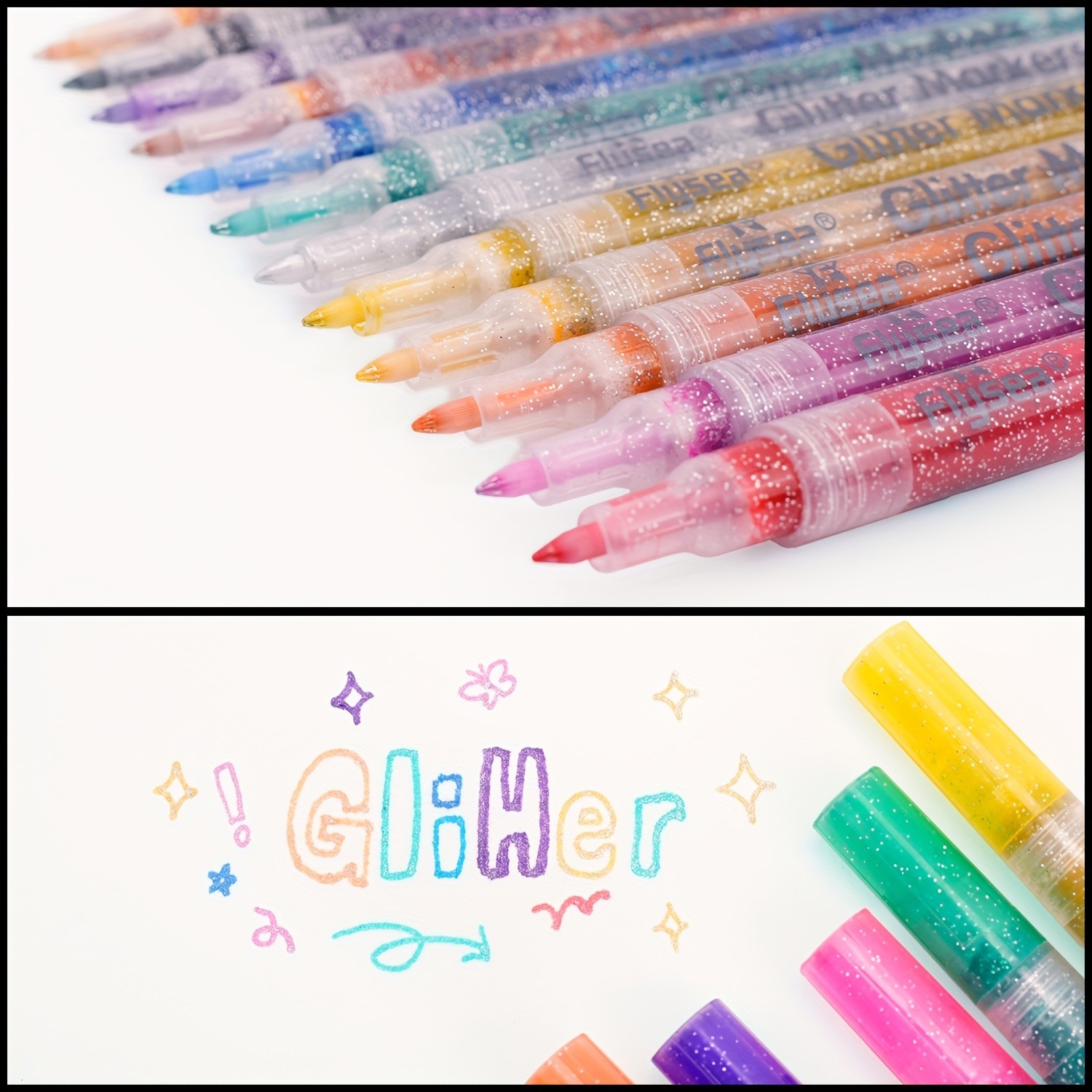 FLYSEA 12pcs 0.7mm Fine Tip Glitter Acrylic Marker Pens Water-Based Glitter Ink for Scrapbooks, Writing & Multi-Surface Art