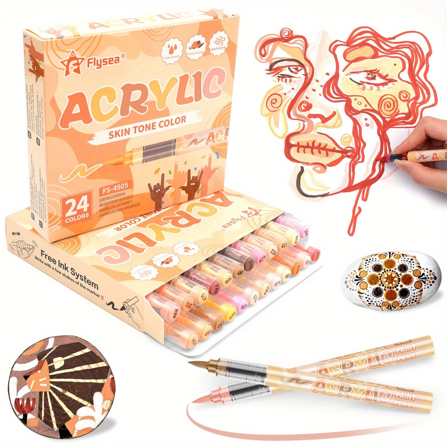 FLYSEA 24/36 Colors Acrylic Marker Set Vibrant Water-Based Brush Pens for Professional Painting & Creative Projects