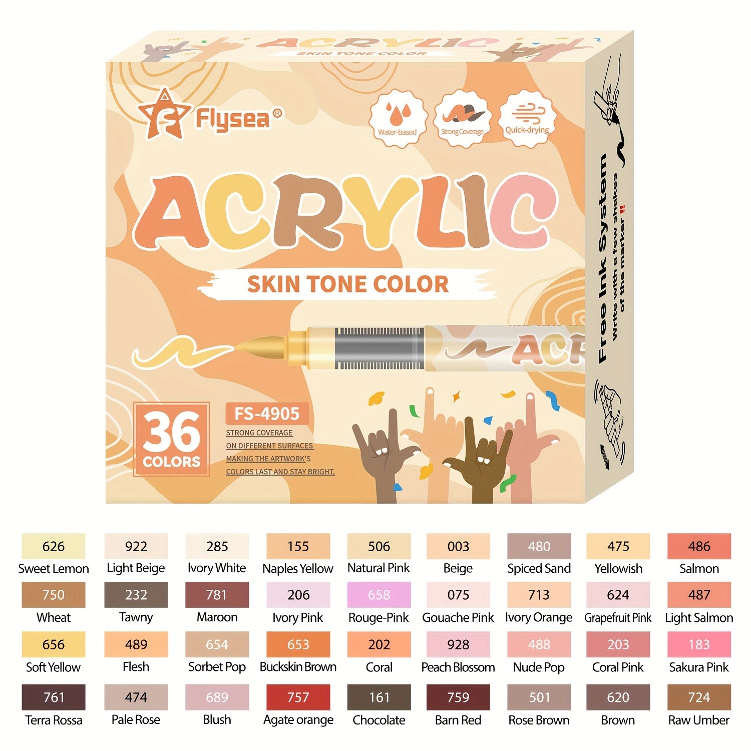 FLYSEA 24/36 Colors Acrylic Marker Set Vibrant Water-Based Brush Pens for Professional Painting & Creative Projects