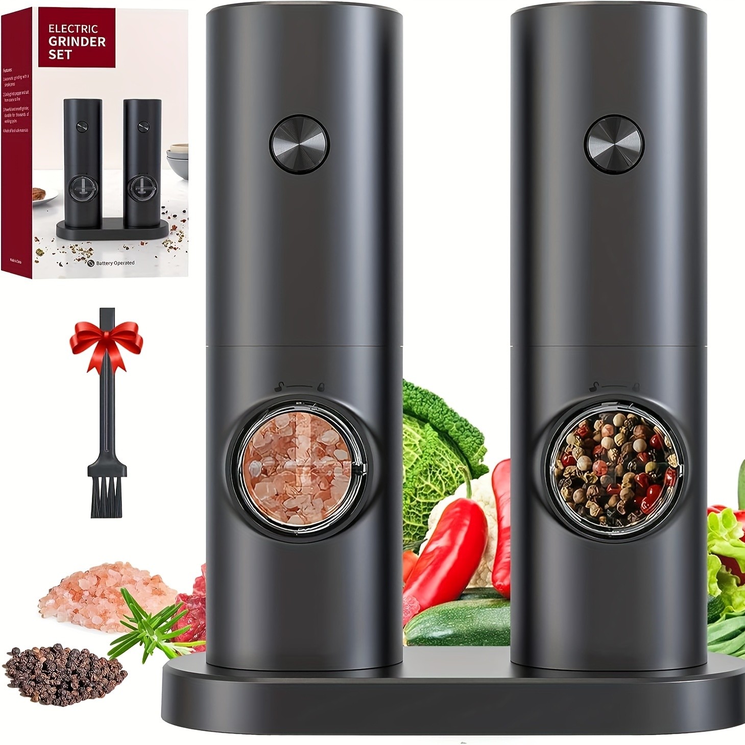 YUMIPLUS Electric Salt & Pepper Grinder Set Automatic Battery-Operated Mills with Adjustable Coarseness, One-Handed Use & LED Light