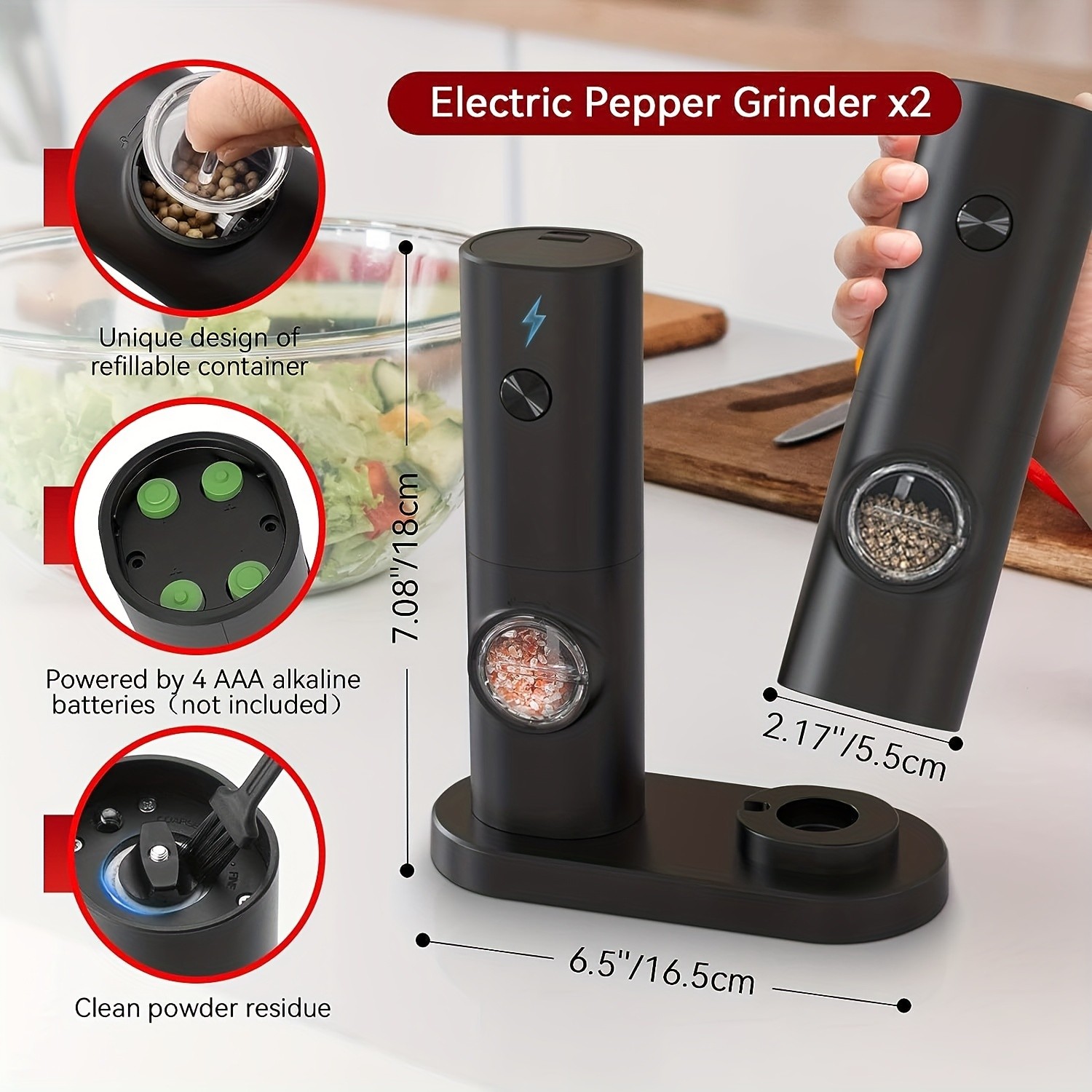 YUMIPLUS Electric Salt & Pepper Grinder Set  Automatic Battery-Operated Mills with Adjustable Coarseness, One-Handed Use & LED Light