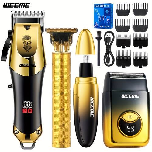WEEME 4-Piece Mens Electric Hairdresser Set Complete Grooming Kit for Haircuts, Shaving, Sculpting & Nose/Eyebrow Trimming