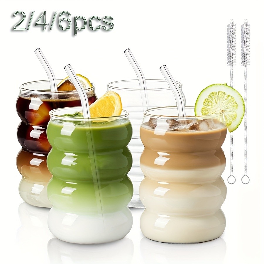 YUMIPLUS 2/4/6pcs 350ml High Borosilicate Ripple Glass Coffee Cups with Straws  Vintage Clear Glassware for Coffee, Matcha, Tea, Juice & More
