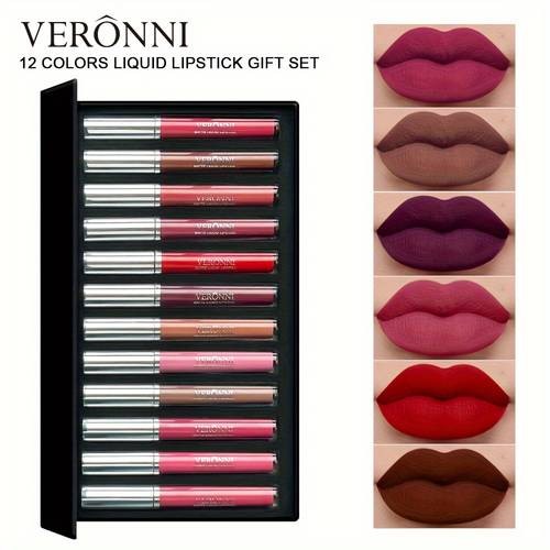 VERONNI 12 Set of Lip Glaze Lipstick Non-Fading Matte Colour for Every Mood