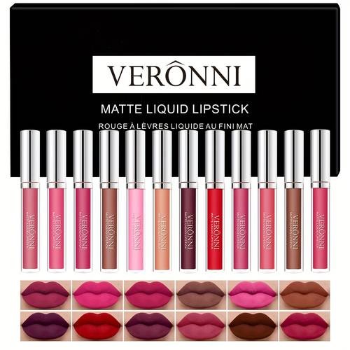 VERONNI 12 Set of Lip Glaze Lipstick Non-Fading Matte Colour for Every Mood