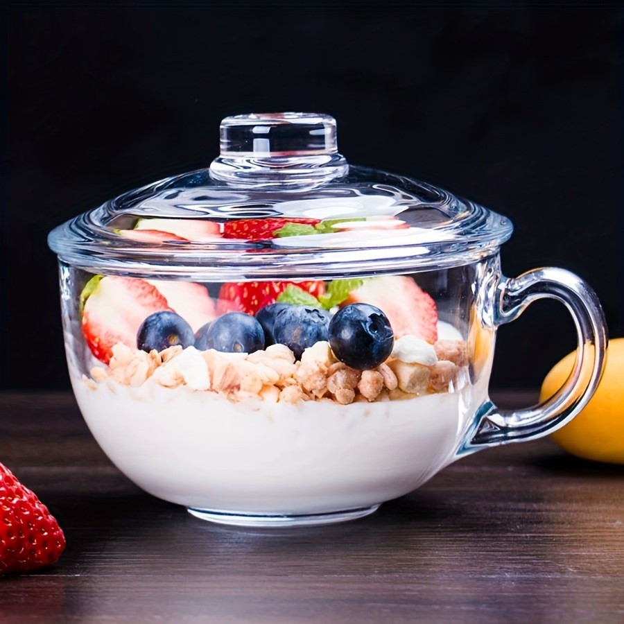 YUMIPLUS 17oz Clear Glass Cup with Lid Large Coffee & Breakfast Mug for Tea, Milk, Oats & Yogurt