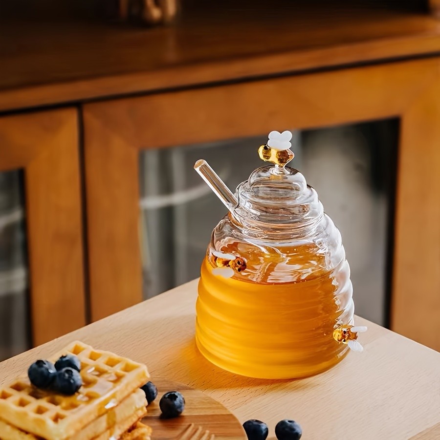 YUMIPLUS Glass Honey Jar with Dipper & Lid High Borosilicate Transparent Honey Container with Cute Bee Decorations