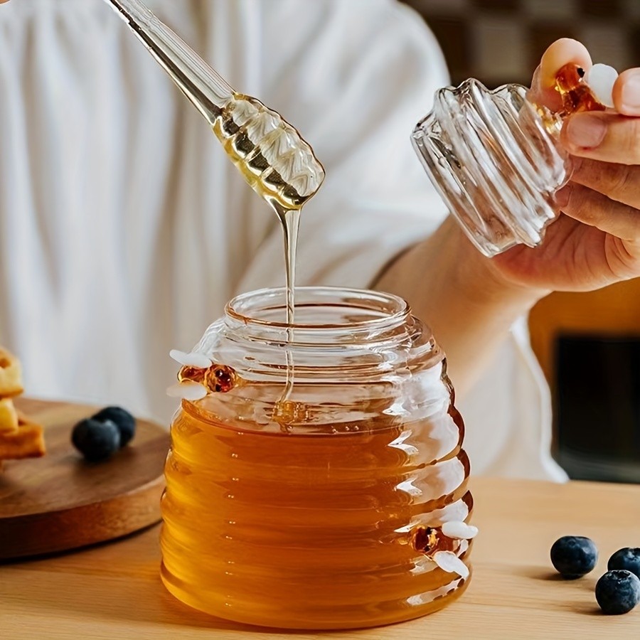 YUMIPLUS Glass Honey Jar with Dipper & Lid High Borosilicate Transparent Honey Container with Cute Bee Decorations