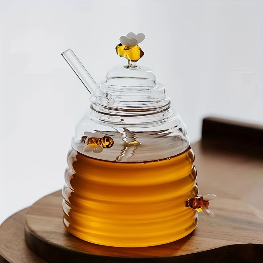 YUMIPLUS Glass Honey Jar with Dipper & Lid High Borosilicate Transparent Honey Container with Cute Bee Decorations