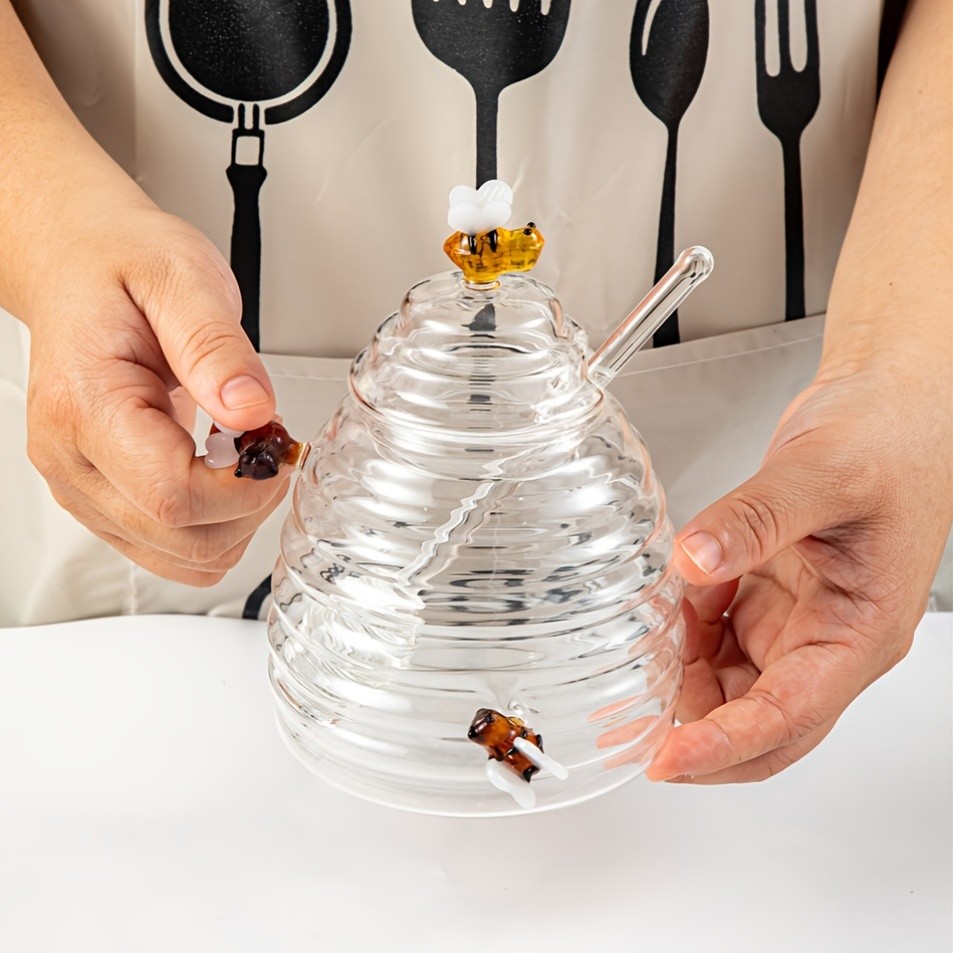 YUMIPLUS Glass Honey Jar with Dipper & Lid High Borosilicate Transparent Honey Container with Cute Bee Decorations