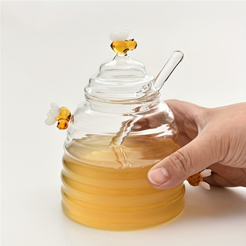 YUMIPLUS Glass Honey Jar with Dipper & Lid  High Borosilicate Transparent Honey Container with Cute Bee Decorations