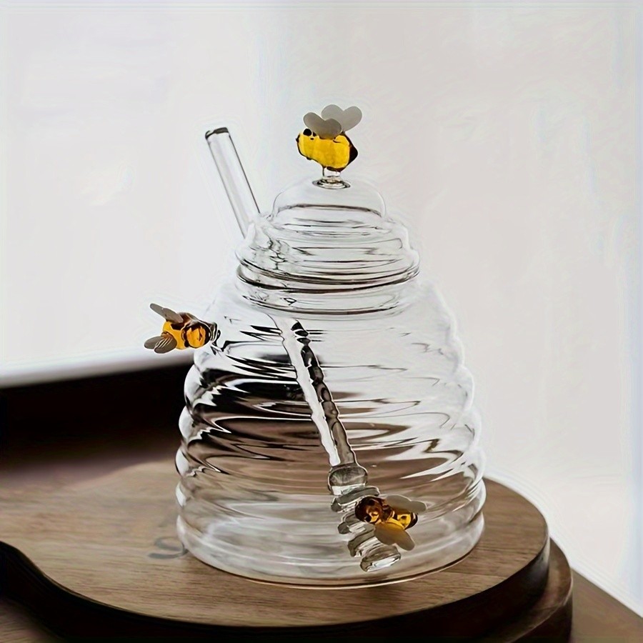 YUMIPLUS Glass Honey Jar with Dipper & Lid High Borosilicate Transparent Honey Container with Cute Bee Decorations