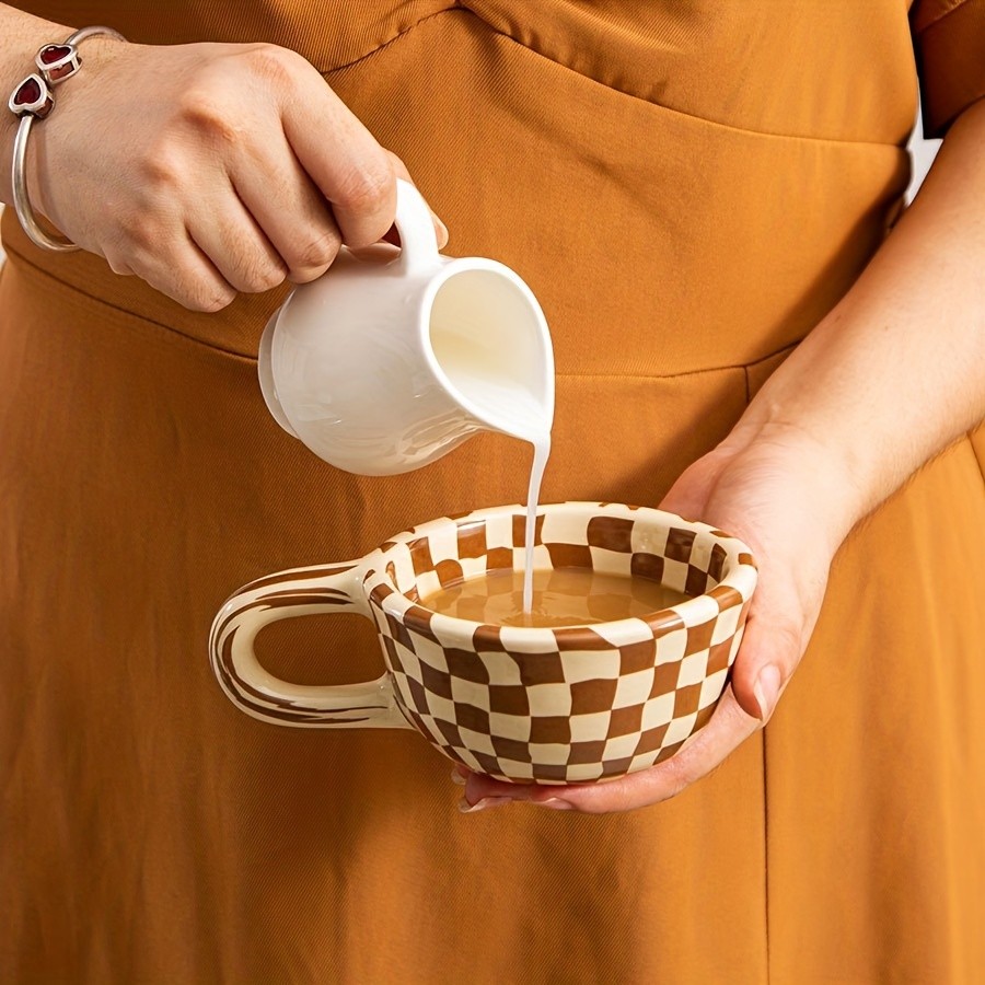 YUMIPLUS Irregular Checkered Ceramic Mug 7oz Casual Coffee Cup for Home & Office Use