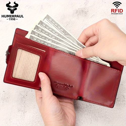 HUMERPAUL Womens RFID Blocking Wallet Vintage Red Genuine Leather Tri-Fold Card Holder