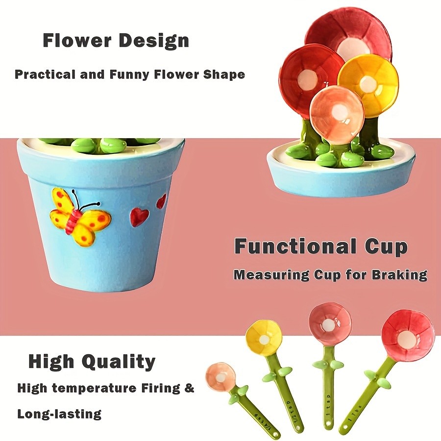 YUMIPLUS Flower Ceramic Measuring Spoons Set Cute Porcelain Spoons with Pot Base Holder