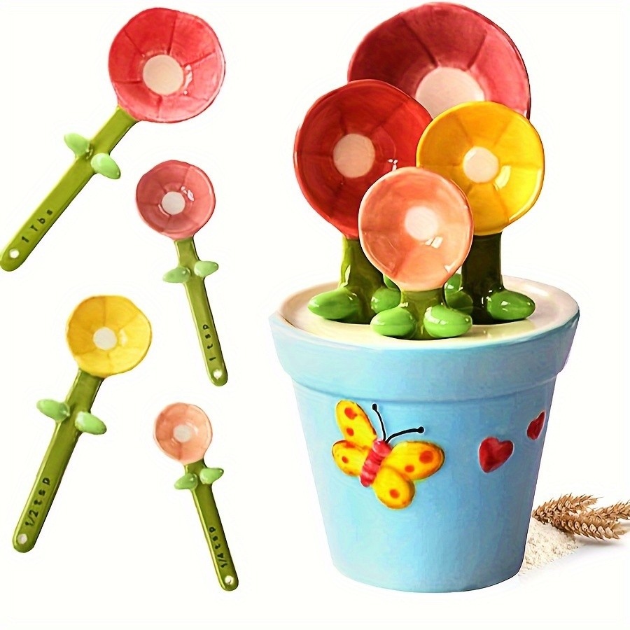 YUMIPLUS Flower Ceramic Measuring Spoons Set  Cute Porcelain Spoons with Pot Base Holder