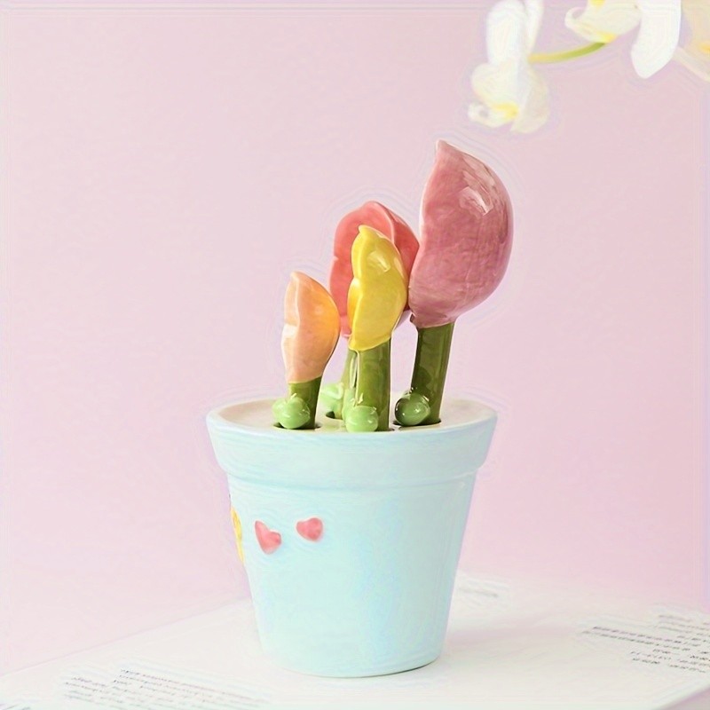 YUMIPLUS Flower Ceramic Measuring Spoons Set Cute Porcelain Spoons with Pot Base Holder