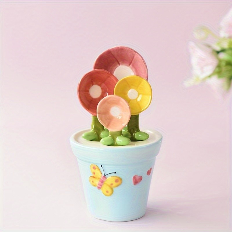 YUMIPLUS Flower Ceramic Measuring Spoons Set Cute Porcelain Spoons with Pot Base Holder