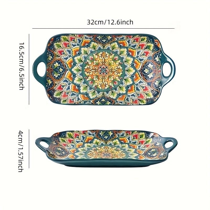 YUMIPLUS Bohemian Ceramic Serving Platter Versatile Rectangular Dish with Handles for Dining & Entertaining