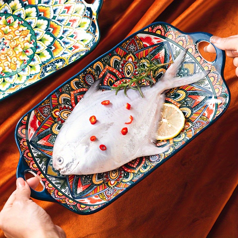 YUMIPLUS Bohemian Ceramic Serving Platter Versatile Rectangular Dish with Handles for Dining & Entertaining