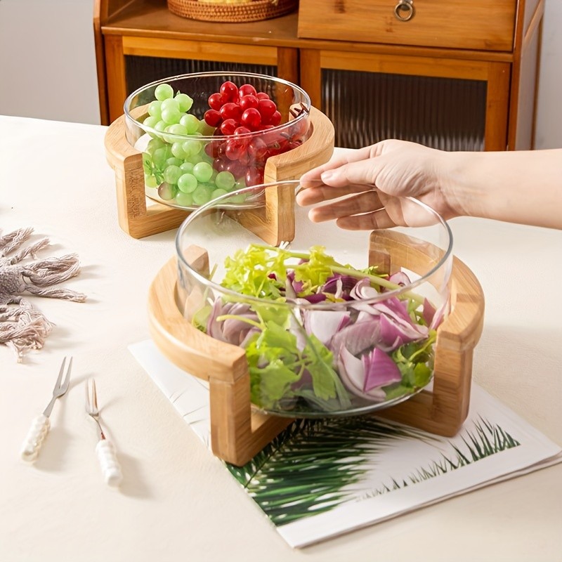 YUMIPLUS Glass Fruit Plate with Bamboo Base Elegant Snack & Salad Bowl for Home, Restaurant & Hotel Use