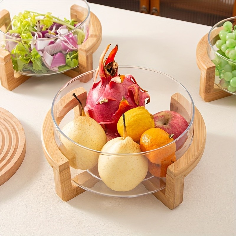 YUMIPLUS Glass Fruit Plate with Bamboo Base Elegant Snack & Salad Bowl for Home, Restaurant & Hotel Use