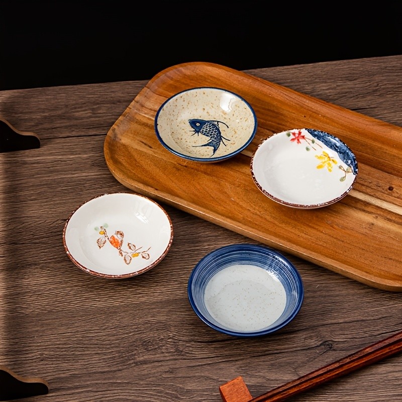 YUMIPLUS Japanese Retro Ceramic Side Dish Bowls Set (6pcs) Traditional Porcelain Seasoning & Soy Sauce Dipping Plates