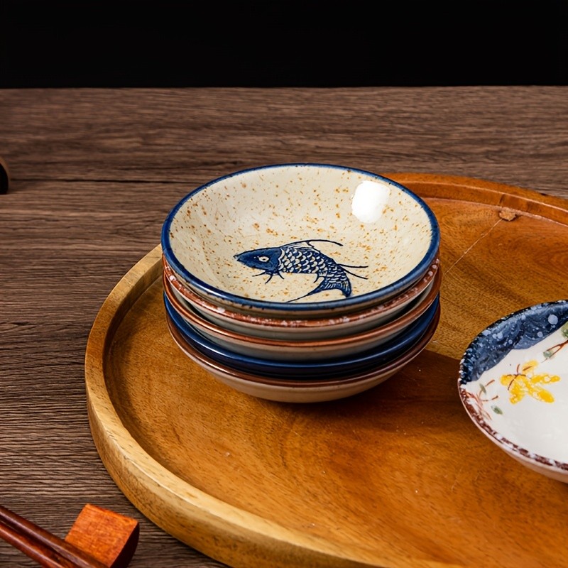 YUMIPLUS Japanese Retro Ceramic Side Dish Bowls Set (6pcs) Traditional Porcelain Seasoning & Soy Sauce Dipping Plates