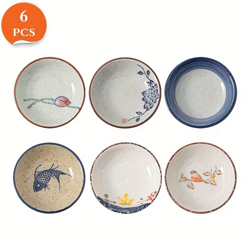 YUMIPLUS Japanese Retro Ceramic Side Dish Bowls Set (6pcs) Traditional Porcelain Seasoning & Soy Sauce Dipping Plates