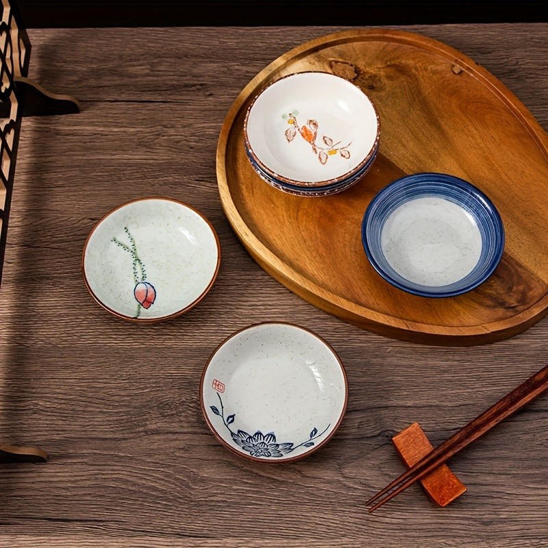 YUMIPLUS Japanese Retro Ceramic Side Dish Bowls Set (6pcs) Traditional Porcelain Seasoning & Soy Sauce Dipping Plates