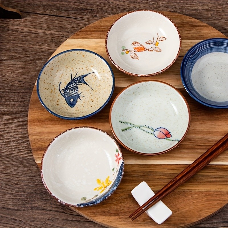 YUMIPLUS Japanese Retro Ceramic Side Dish Bowls Set (6pcs) Traditional Porcelain Seasoning & Soy Sauce Dipping Plates