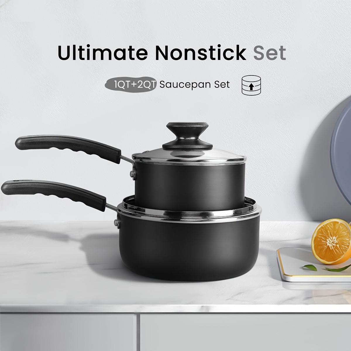 KPXSIAION Nonstick Sauce Pan Set (1QT + 2QT) Induction-Compatible Aluminum Pots with Lids for Everyday Home Cooking