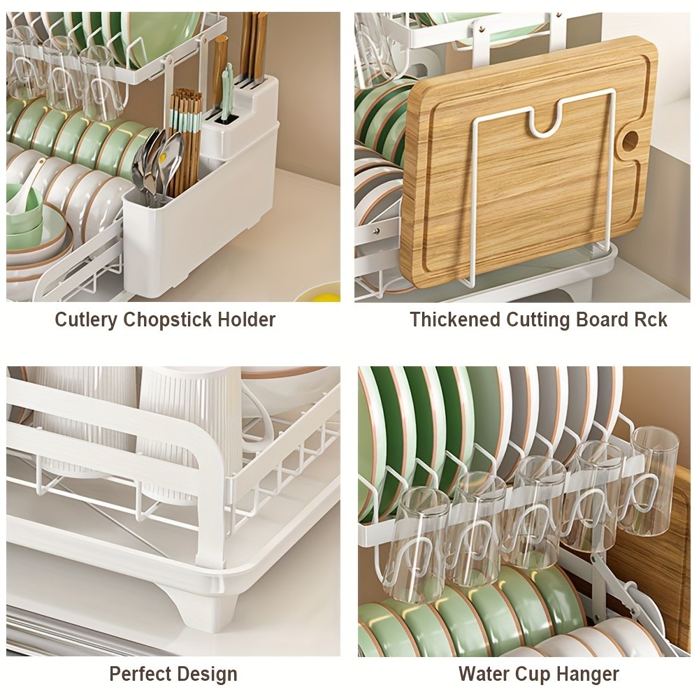 URLUNA 2-Tier Dish Drying Rack with Drainboard Large Metal Rack with Glass Holder, Utensil Holder & Extra Drying Mat