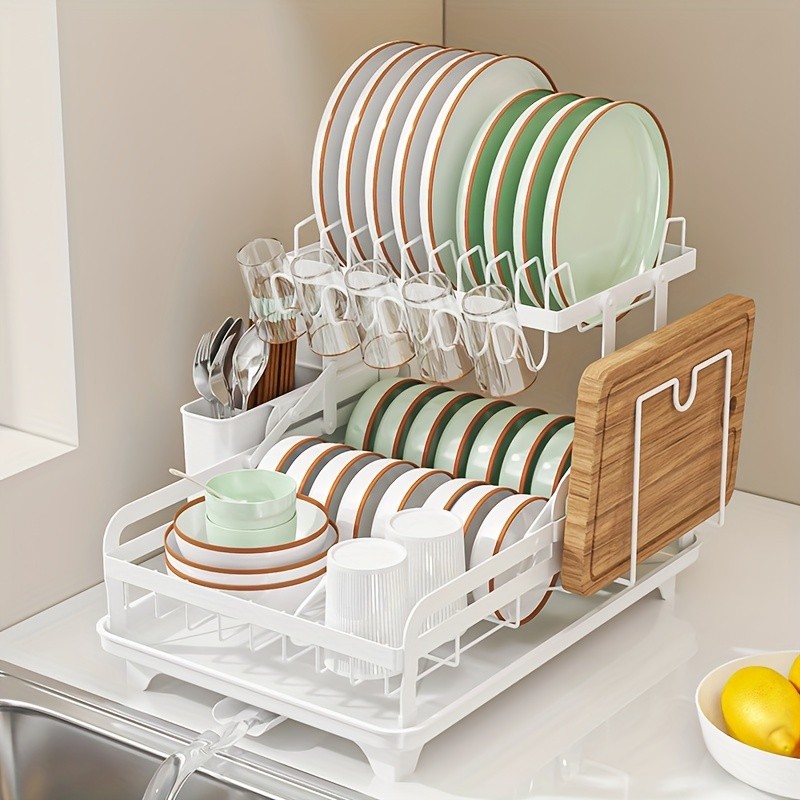 URLUNA 2-Tier Dish Drying Rack with Drainboard Large Metal Rack with Glass Holder, Utensil Holder & Extra Drying Mat
