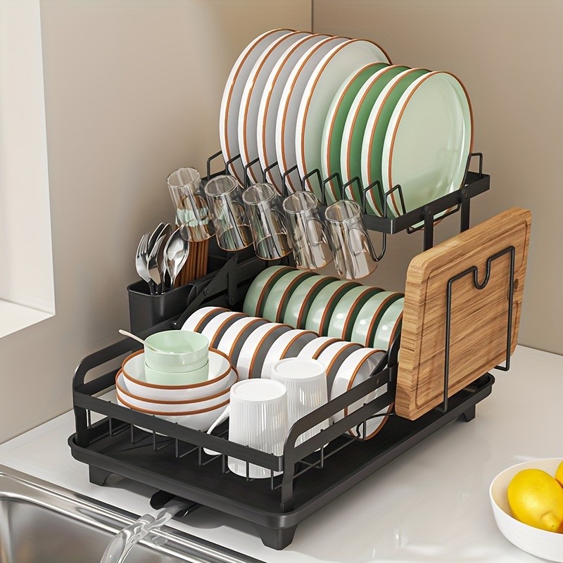URLUNA 2-Tier Dish Drying Rack with Drainboard Large Metal Rack with Glass Holder, Utensil Holder & Extra Drying Mat