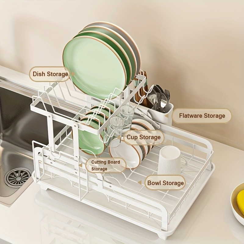URLUNA 2-Tier Dish Drying Rack with Drainboard Large Metal Rack with Glass Holder, Utensil Holder & Extra Drying Mat
