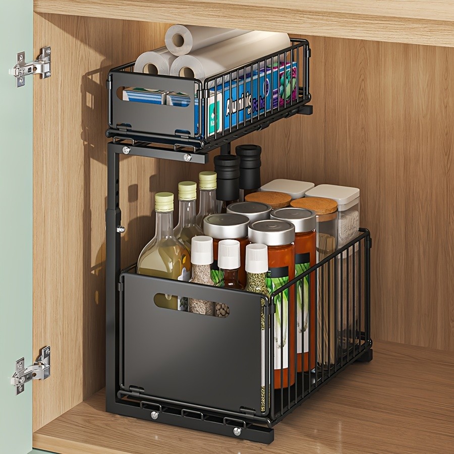 URLUNA 2-Tier Pull-Out Under Sink Organizer Space-Saving Metal Cabinet Storage Rack for Kitchen & Bathroom