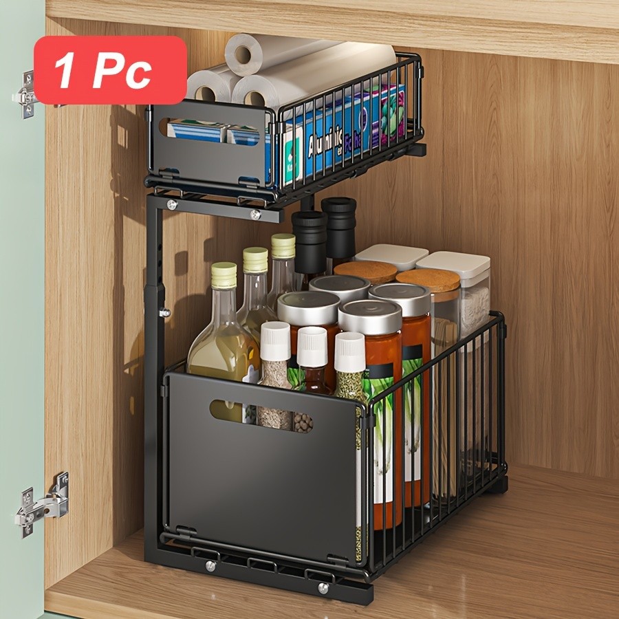 URLUNA 2-Tier Pull-Out Under Sink Organizer Space-Saving Metal Cabinet Storage Rack for Kitchen & Bathroom