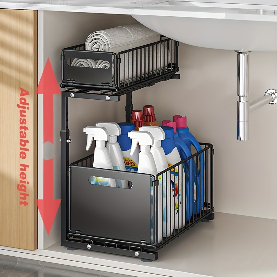 URLUNA 2-Tier Pull-Out Under Sink Organizer Space-Saving Metal Cabinet Storage Rack for Kitchen & Bathroom