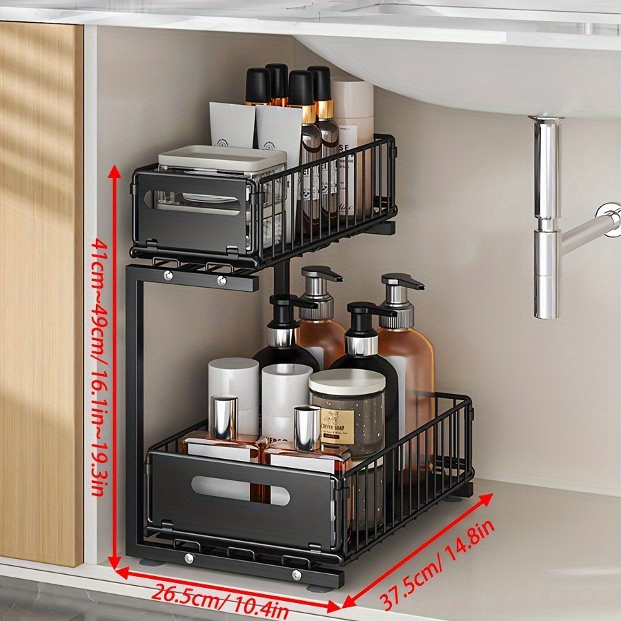 URLUNA 2-Tier Pull-Out Under Sink Organizer Space-Saving Metal Cabinet Storage Rack for Kitchen & Bathroom