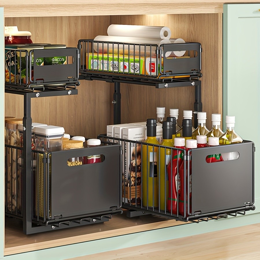 URLUNA 2-Tier Pull-Out Under Sink Organizer Space-Saving Metal Cabinet Storage Rack for Kitchen & Bathroom