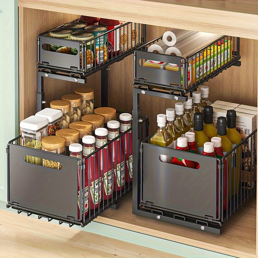 URLUNA 2-Tier Pull-Out Under Sink Organizer Space-Saving Metal Cabinet Storage Rack for Kitchen & Bathroom