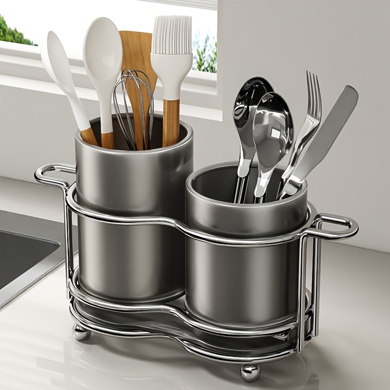 URLUNA Cutlery Holder Dual-Compartment Silverware Organizer with Metal Frame for Kitchen & Countertop Storage